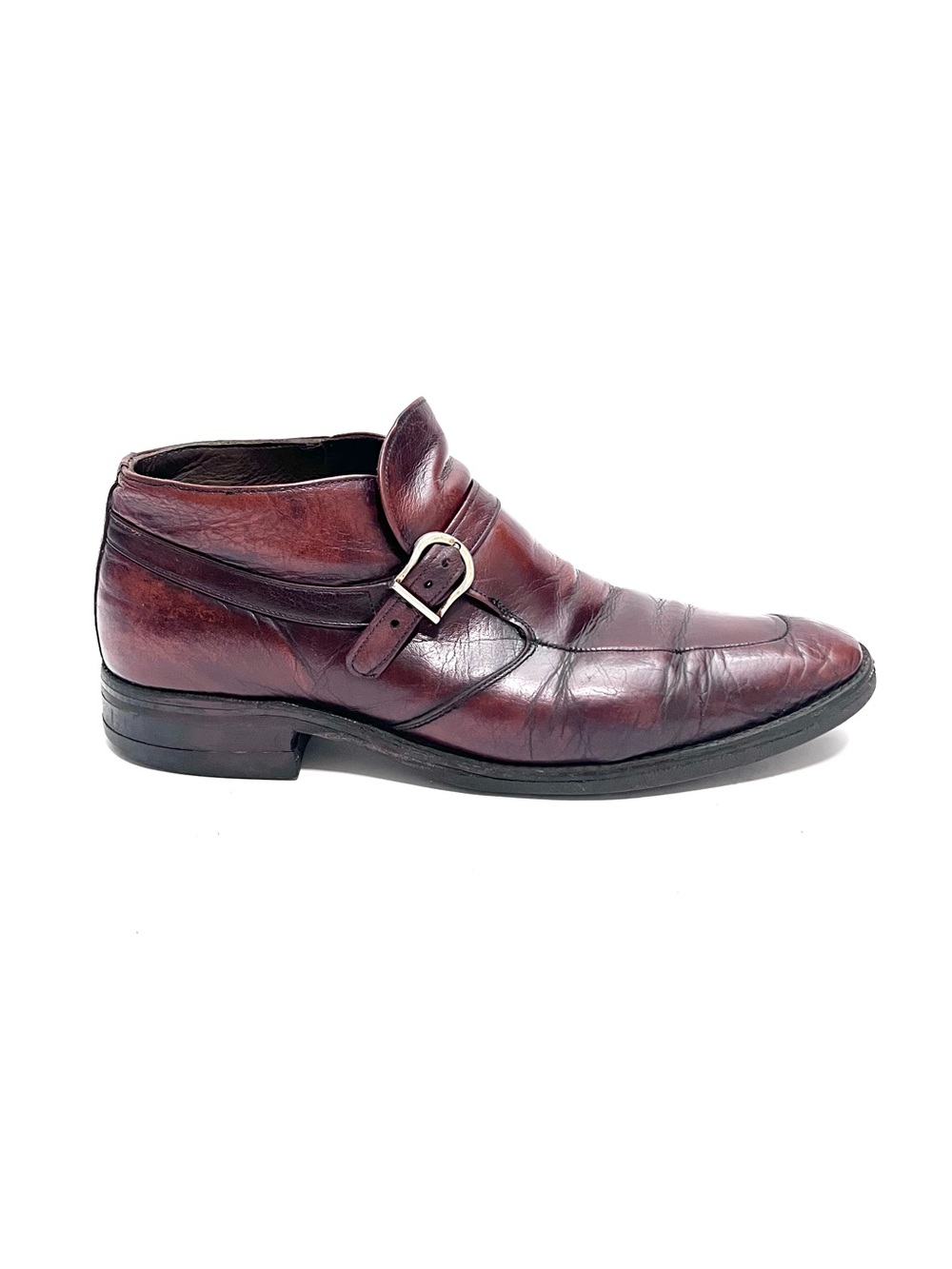 Vintage 1970s men's oxblood leather buckle strap low rise ankle boots